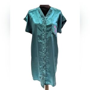 Vintage Inhibitions Emerald Green Short Sleeve Satin Shiny Nightgown Size Small